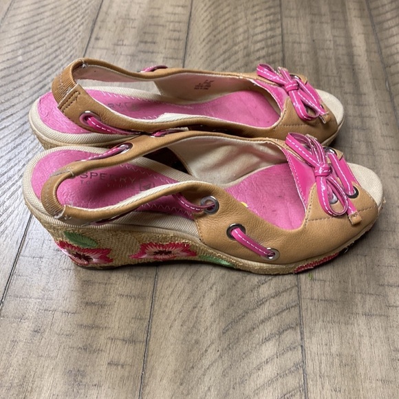 Sperry Floral Embroidered Wedge Sandals Tan Pink Nautical Espadrille 7.5 - Picture 5 of 9
